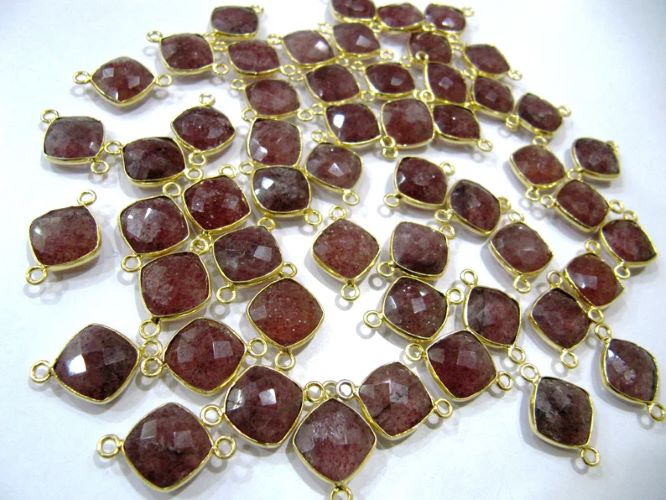 Natural Gemstones Briolette Faceted 10mm Cushion Square Shape Double Loop Bezel Connector charms