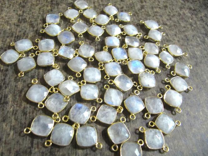 Natural Gemstones Briolette Faceted 10mm Cushion Square Shape Double Loop Bezel Connector charms