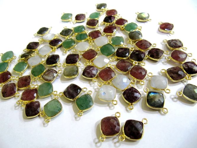 Natural Gemstones Briolette Faceted 10mm Cushion Square Shape Double Loop Bezel Connector charms