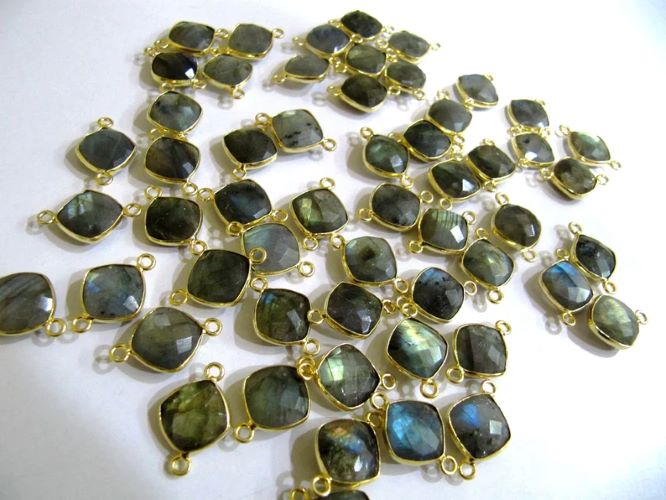 Natural Gemstones Briolette Faceted 10mm Cushion Square Shape Double Loop Bezel Connector charms