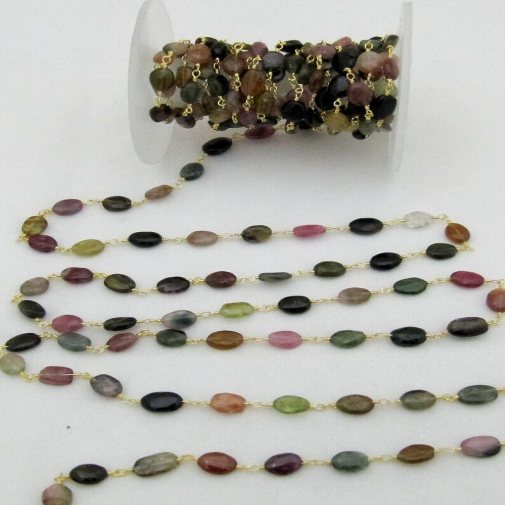 Natural Multi tourmaline 8 to 10 mm Oval Plain Smooth Beaded Rosary Wire Wrapped Chain 