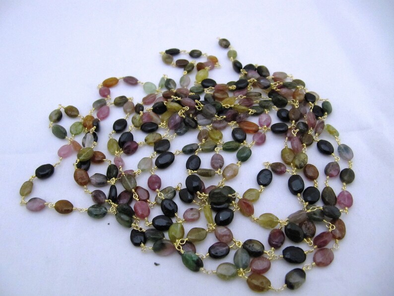 Natural Multi tourmaline 8 to 10 mm Oval Plain Smooth Beaded Rosary Wire Wrapped Chain 