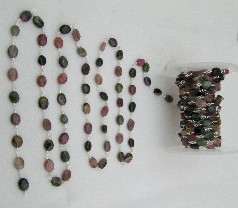 Natural Multi tourmaline 8 to 10 mm Oval Plain Smooth Beaded Rosary Wire Wrapped Chain 