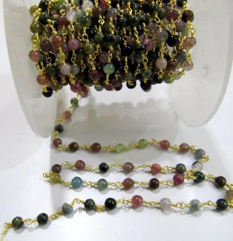 Natural Multi tourmaline Round Plain Smooth 4mm Beaded Rosary Wire Wrapped Chain