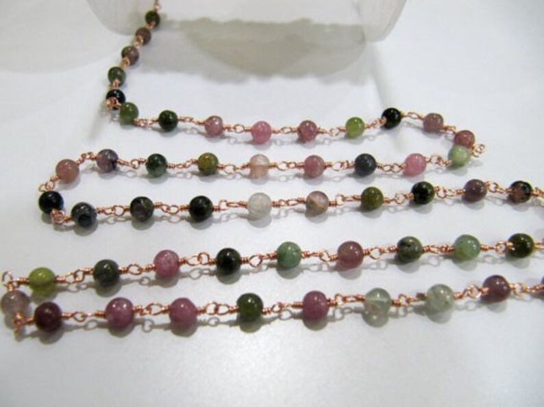 Natural Multi tourmaline Round Plain Smooth 4mm Beaded Rosary Wire Wrapped Chain