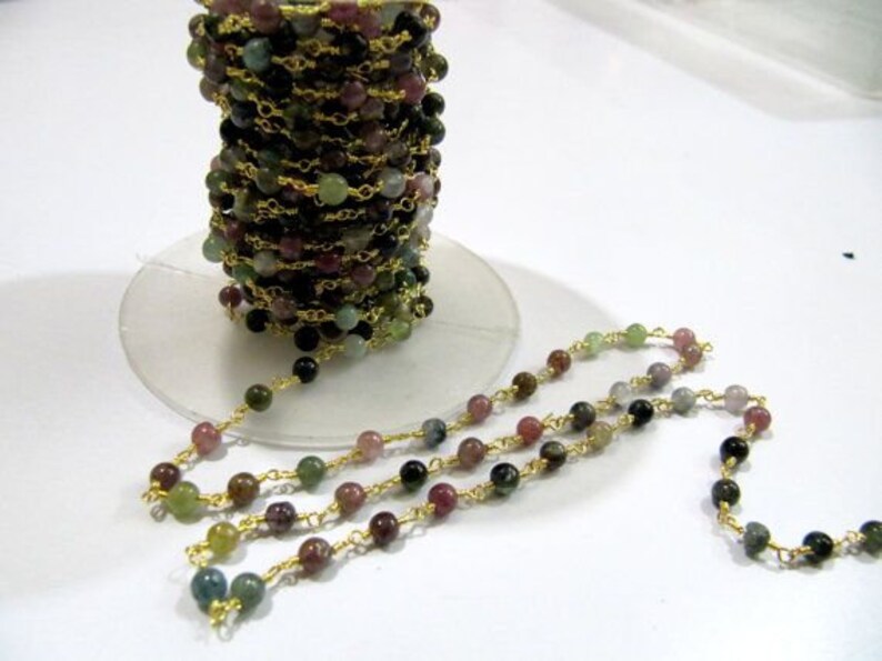 Natural Multi tourmaline Round Plain Smooth 4mm Beaded Rosary Wire Wrapped Chain