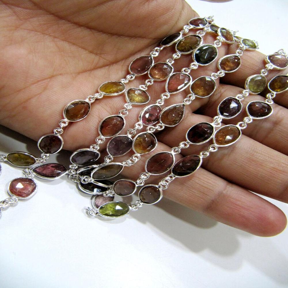 Natural Water Melon Multi color Tourmaline Briolette faceted Connector Chain