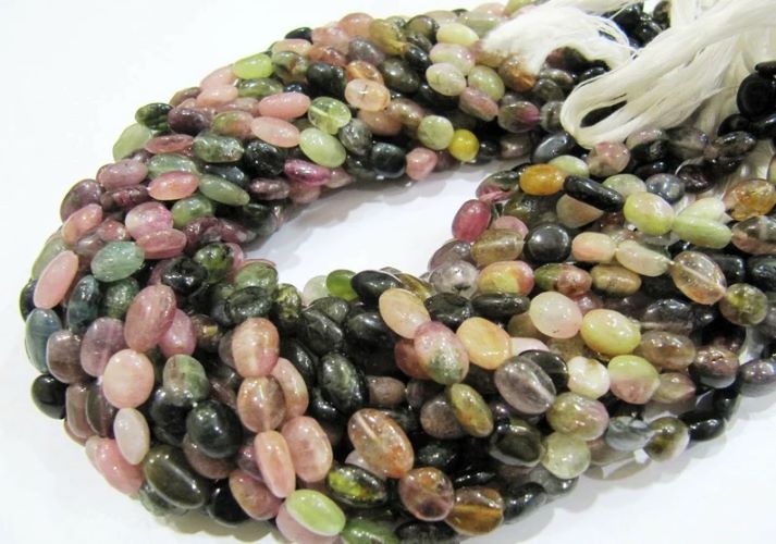 Natural Multi Tourmaline Oval Nugget Shape Smooth Plain 6-8 mm Beads Strand 13 Inches