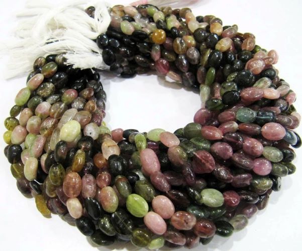 Natural Multi Tourmaline Oval Nugget Shape Smooth Plain 6-8 mm Beads Strand 13 Inches