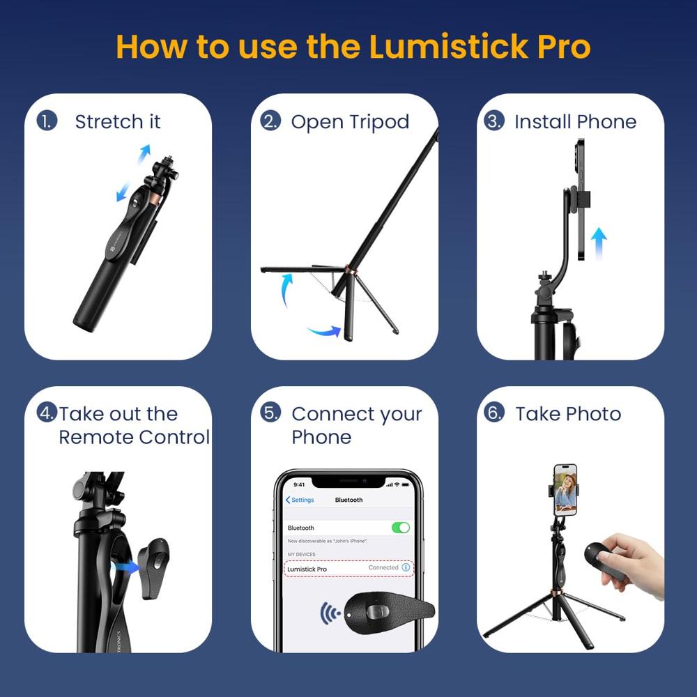 Portronics Lumistick Pro Smart Selfie Stick with 360 Degree Rotation, 10 M Bluetooth Range,