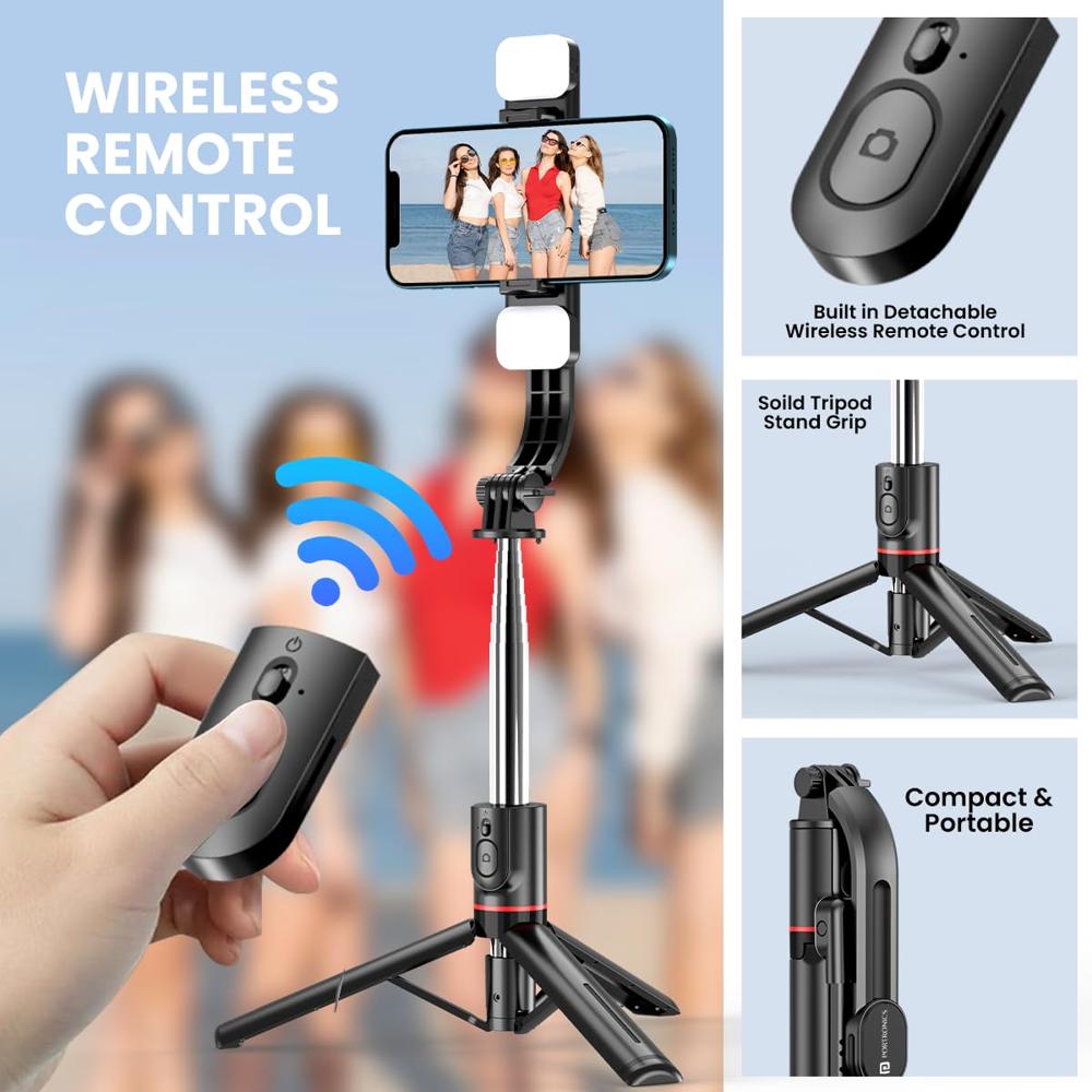 Portronics Lumistick Smart Selfie Stick with 360 Degree Rotation, Bluetooth v5.3, 1160mm