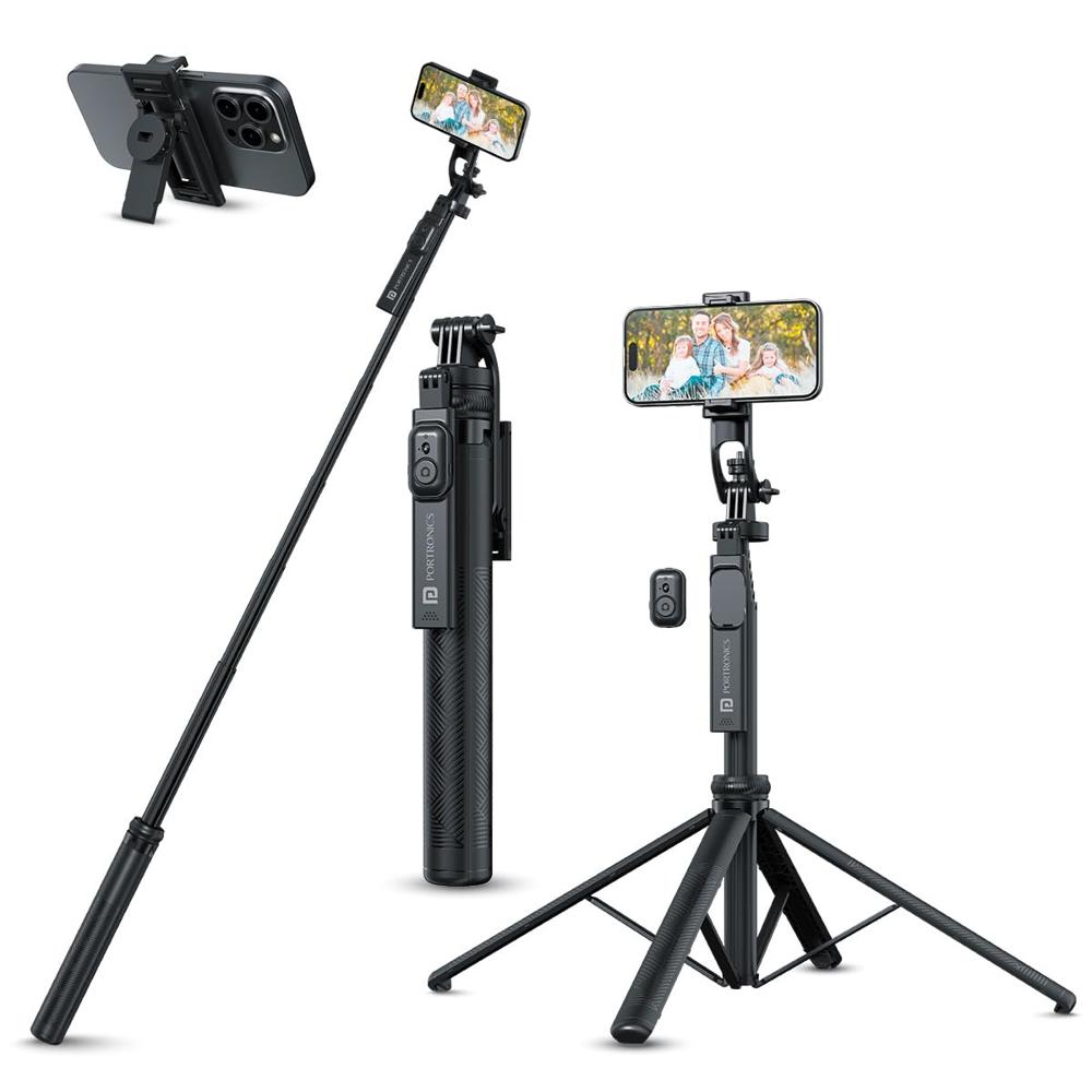 Portronics Lumistick 2 Portable Smart Selfie Stick With Upto 6ft. Tripod Stand, 3 In 1 - Color: Black