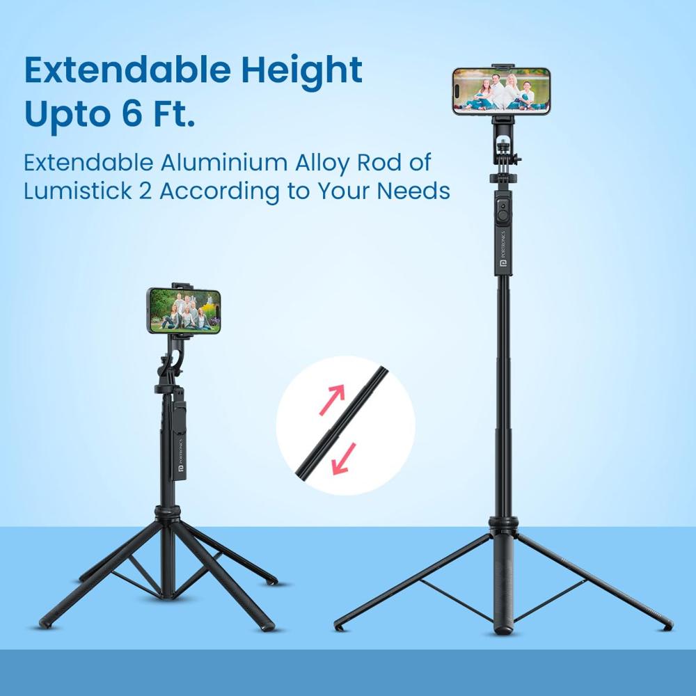 Portronics Lumistick 2 Portable Smart Selfie Stick with Upto 6ft. Tripod Stand, 3 in 1