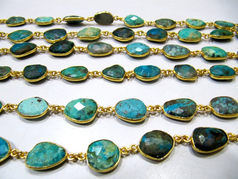 Natural Chrysocolla Briolette faceted Size 10 to 15mmConnector Bezel Chain