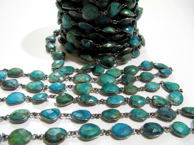 Natural Chrysocolla Briolette faceted Size 10 to 15mmConnector Bezel Chain 