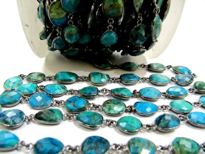 Natural Chrysocolla Briolette faceted Size 10 to 15mmConnector Bezel Chain 