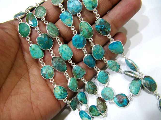 Natural Chrysocolla Briolette faceted Size 10 to 15mmConnector Bezel Chain 
