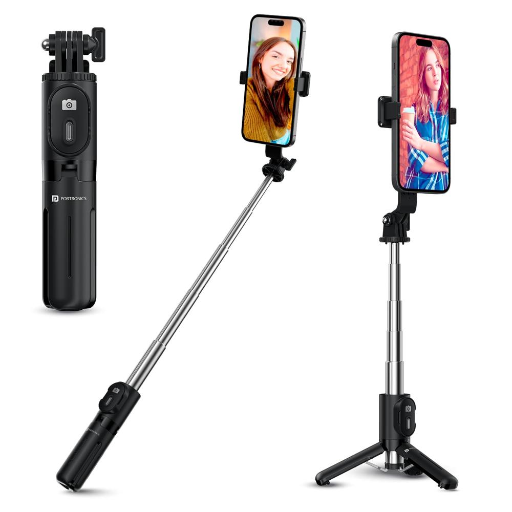 Portronics Lumistick Mini Extendable Multifunctional 3-in-1 Selfie Sticks with Wireless Detachable Bluetooth Remote &
