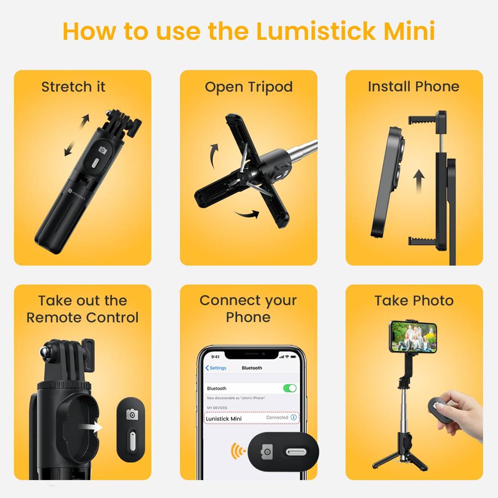 Portronics Lumistick Mini Extendable Multifunctional 3-in-1 Selfie Sticks with Wireless Detachable Bluetooth Remote &