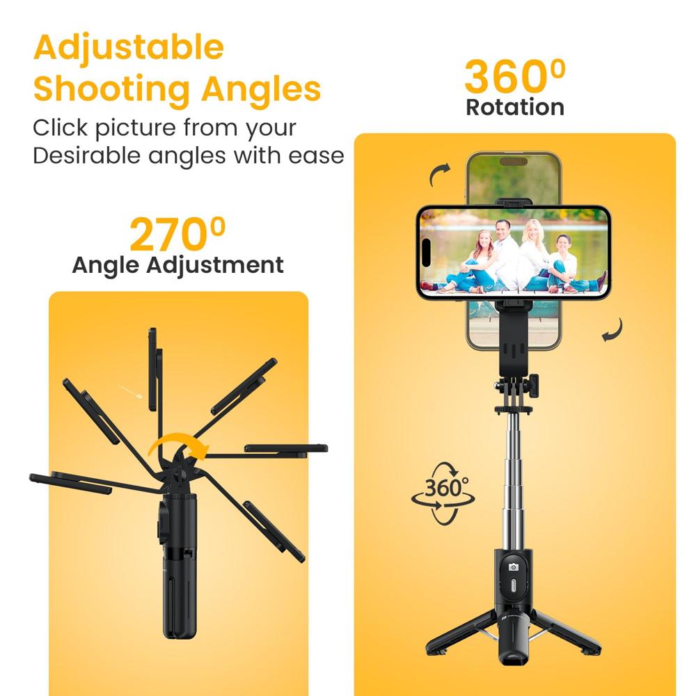 Portronics Lumistick Mini Extendable Multifunctional 3-in-1 Selfie Sticks with Wireless Detachable Bluetooth Remote &