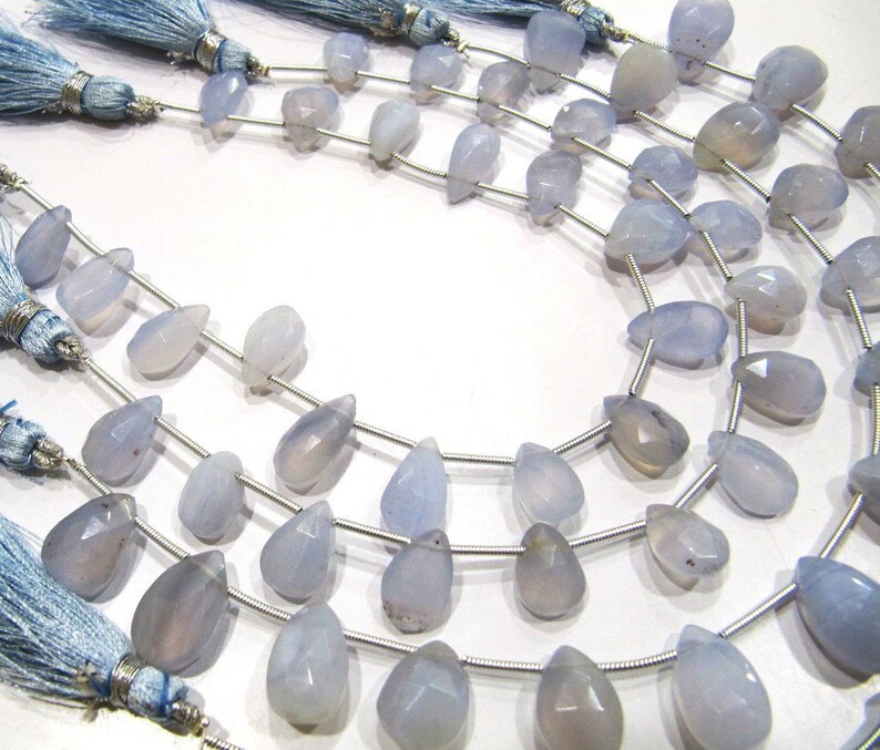 Natural Blue Chalcedony Pear Shape Size 8x12mm to 10x13mm Graduate Beads 8 Inches Long