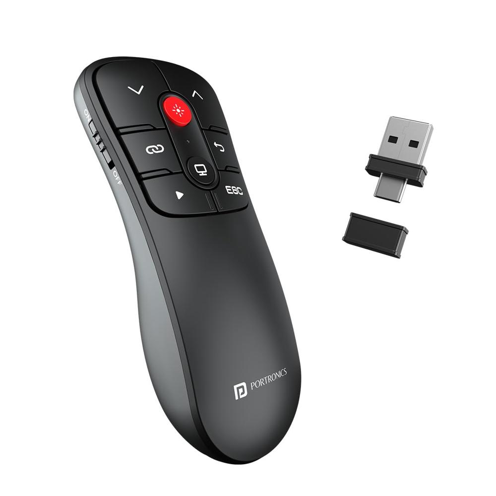 Portronics Slidemate Wireless Presenter Remote With Red Laser Light, Dual Plugs - Color: Black