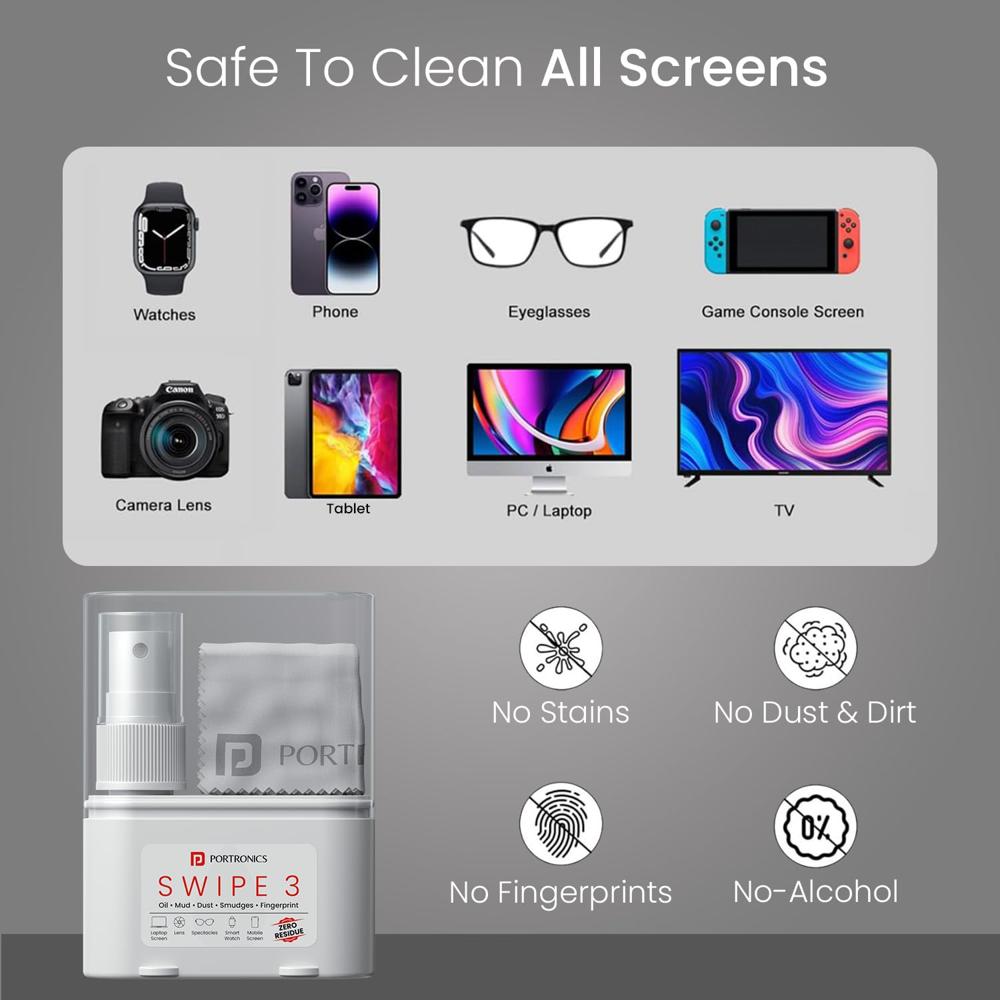 Portronics Swipe 3 Screen & Camera Cleaning Chemical Free Liquid Solution, 250GSM Micro Fibre