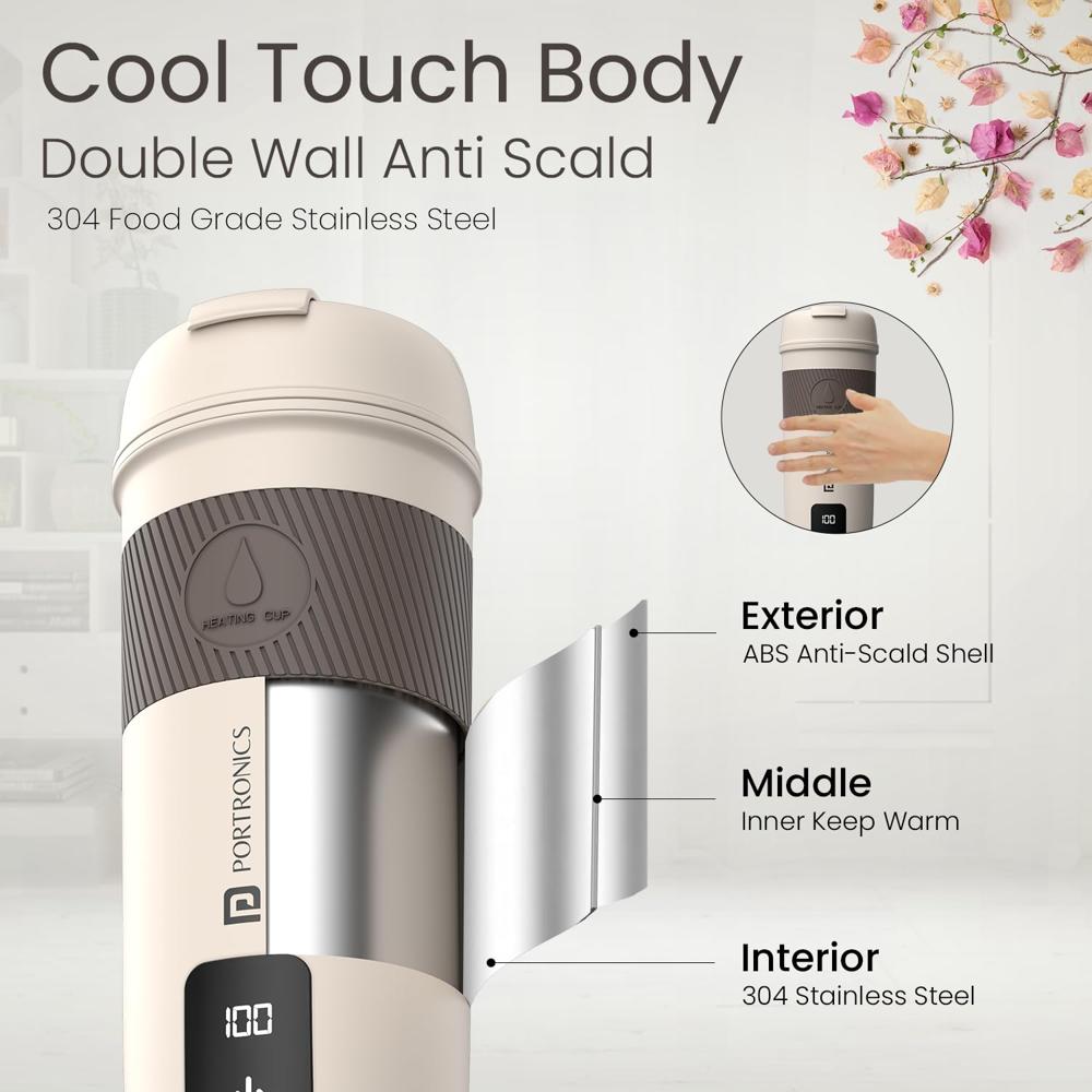 Portronics Thermosip 400Ml Vacuum Insulated Portable Travel Electric Kettle, Fast Water Boiling, Cool Touch Body, Digital Display,