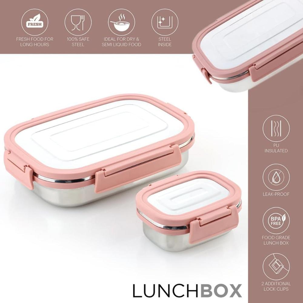 Stainless Steel Leak Proof Air Tight Lunch Boxes (900Ml+200Ml Approx / 2 Pc Set) - Color: Mix