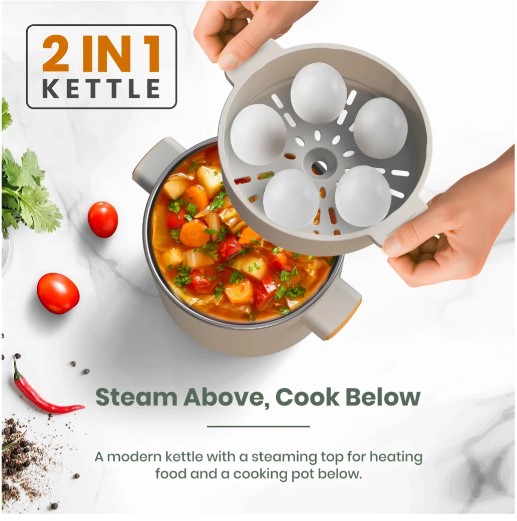 Portronics Anymeal Multifunctional 1.5L Electric Kettle With Steamer, Dual Temperature,600W Multi Cooker Electric Kettle (1.5 L, Beige)