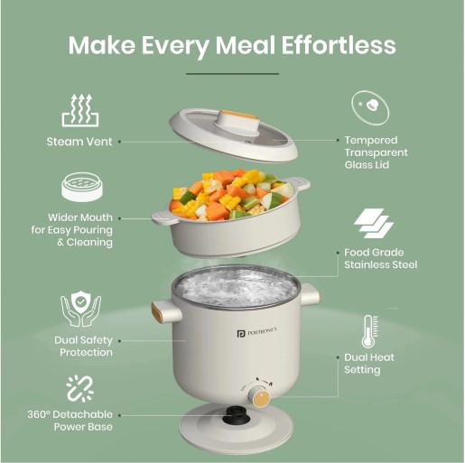 Portronics Anymeal Multifunctional 1.5L Electric Kettle With Steamer, Dual Temperature,600W Multi Cooker Electric Kettle (1.5 L, Beige)