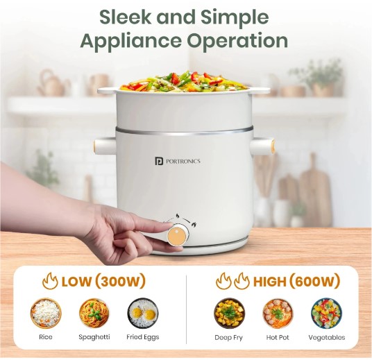 Portronics Anymeal Multifunctional 1.5L Electric Kettle With Steamer, Dual Temperature,600W Multi Cooker Electric Kettle (1.5 L, Beige)