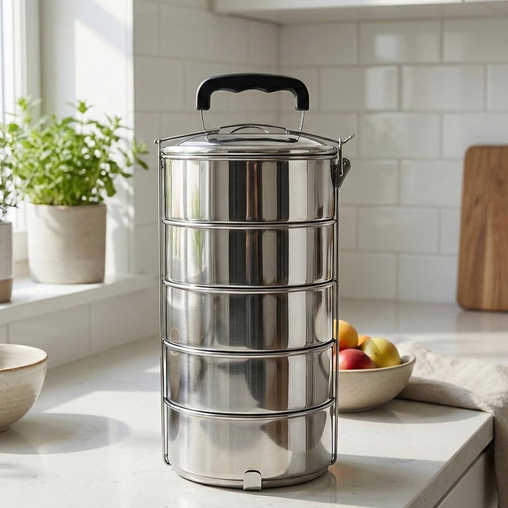 5 Compartment Lunch Box (Stainless Steel): Round Tiffin, Leakproof (16x5