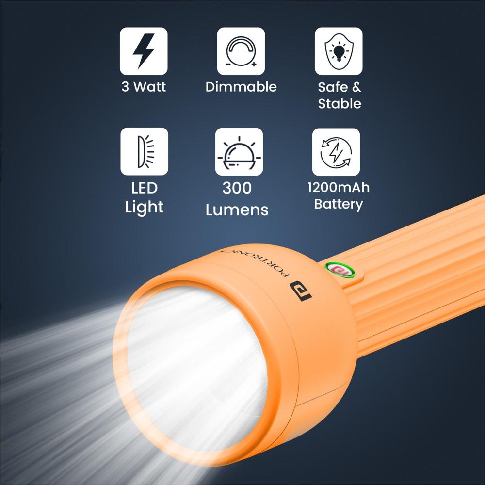Portronics Eco Glow LED Torch Light with USB Rechargeable Battery, Dual-Brightness Levels, SOS