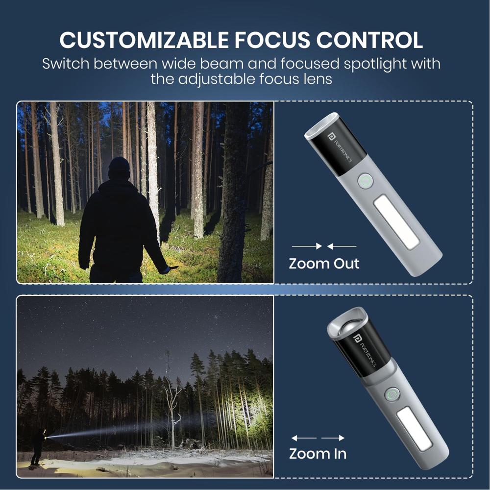Portronics Eco Glow 2 Tactical Rechargeable Flashlight Torch,Adjustable Focus with Telescopic Zoom
