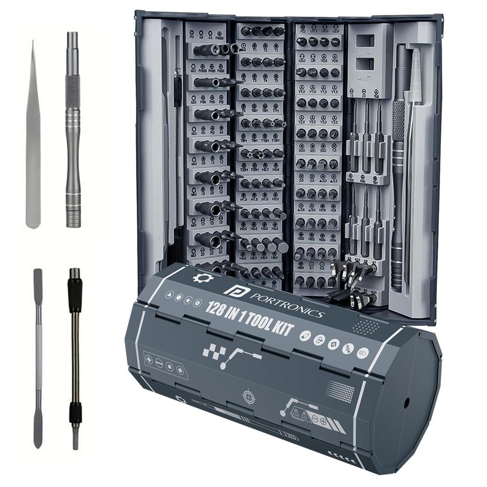 Portronics Bit Box 2, 128-in-1 Screwdriver Kit With Phillips, Flathead, Torx, Pentalobe, Wrench Bits, Flexible Shaft, Tweezer, - Color: Grey