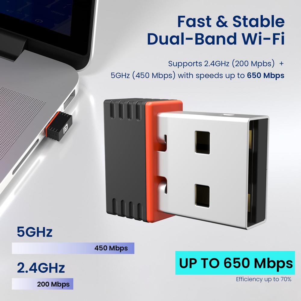 Portronics BlueFi Nano USB Wi-Fi & Bluetooth Adapter, Dual-Band 2.4GHz (200 Mbps)/5GHz (450 Mbps) up to