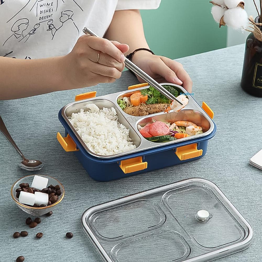 3 Compartment Transparent Stainless Steel Lunch Box With Spoon, Chopsticks (1 Set) - Color: Mix