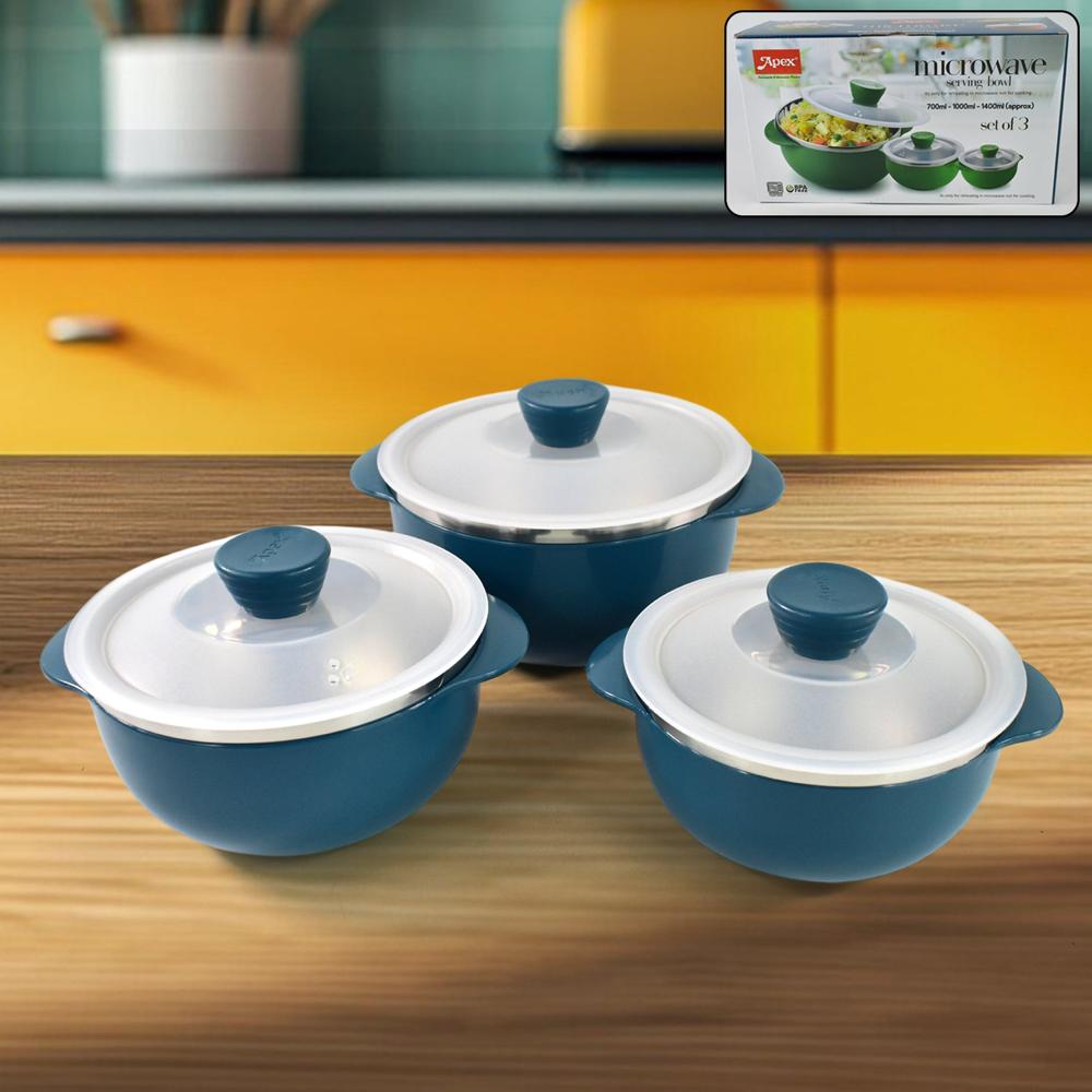 Apex Microwave-Safe Serving Bowl 3 Pcs Set (700Ml, 1000Ml, 1400Ml) - Material: Plastic