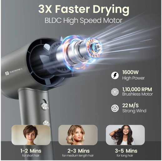 Portronics Zifro BLDC 1600W Cold & Hot Air Hair Dryer, 3 Temperature Modes, 2 Fan Speeds Hair Dryer (1600 W, Grey)