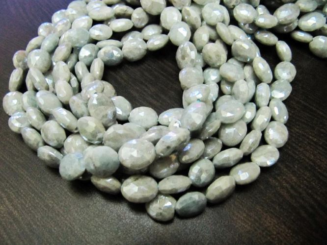 Natural Aquamarine  Oval Shape Faceted 11-12mm Beads Silver Coated Beads Strand 14 inches Long
