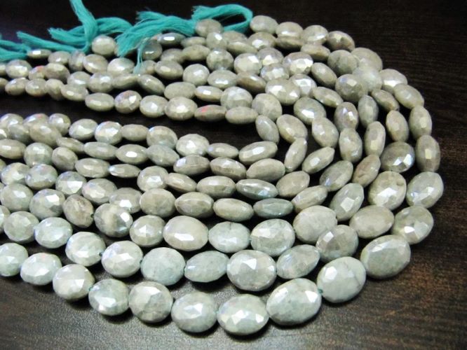 Natural Aquamarine  Oval Shape Faceted 11-12mm Beads Silver Coated Beads Strand 14 inches Long