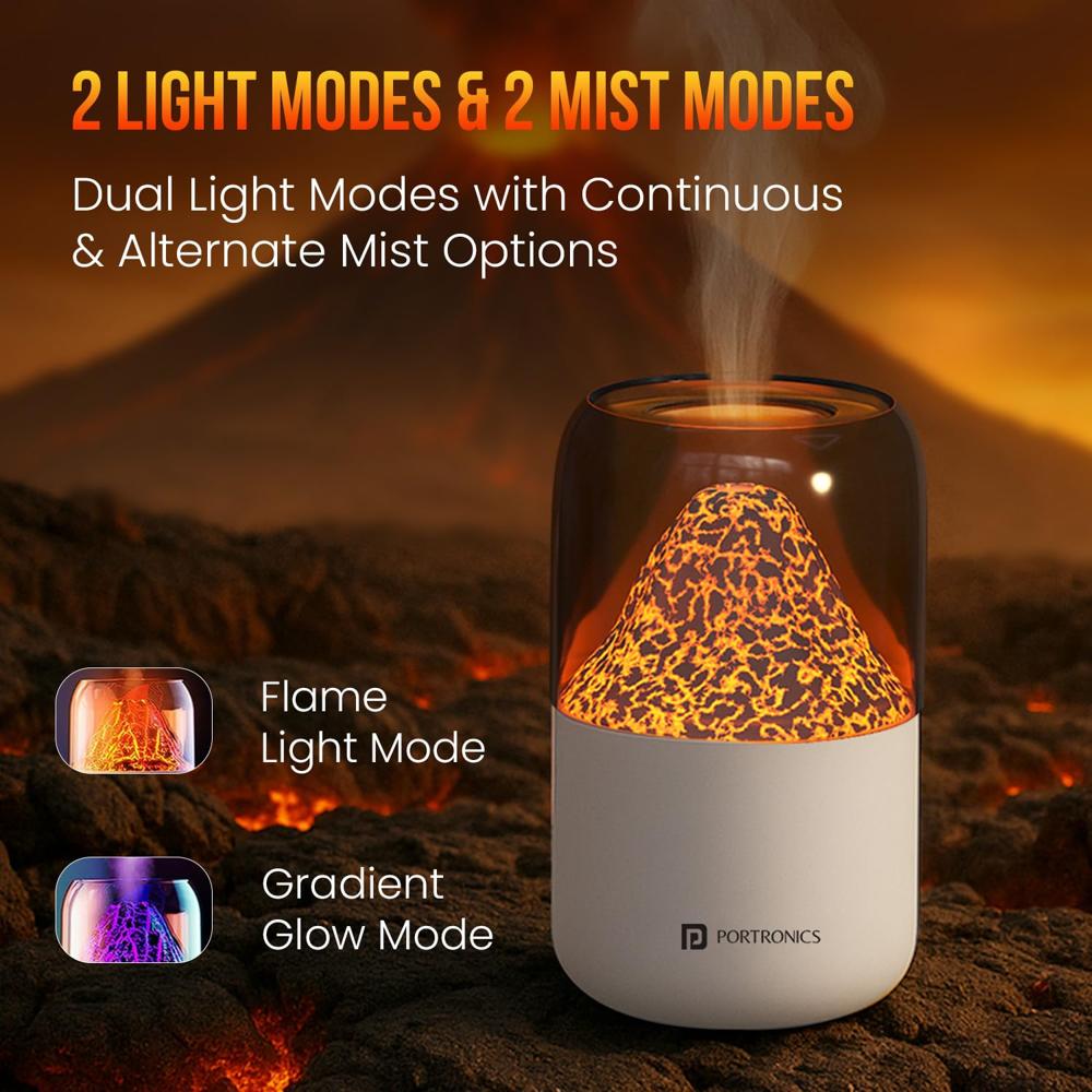 Portronics Magma 2-in-1 Volcano Water Mist Humidifier & Night Lamp, Type-C Powered, Silent