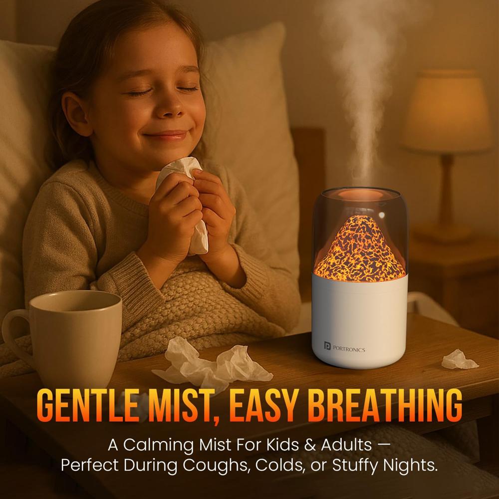 Portronics Magma 2-in-1 Volcano Water Mist Humidifier & Night Lamp, Type-C Powered, Silent