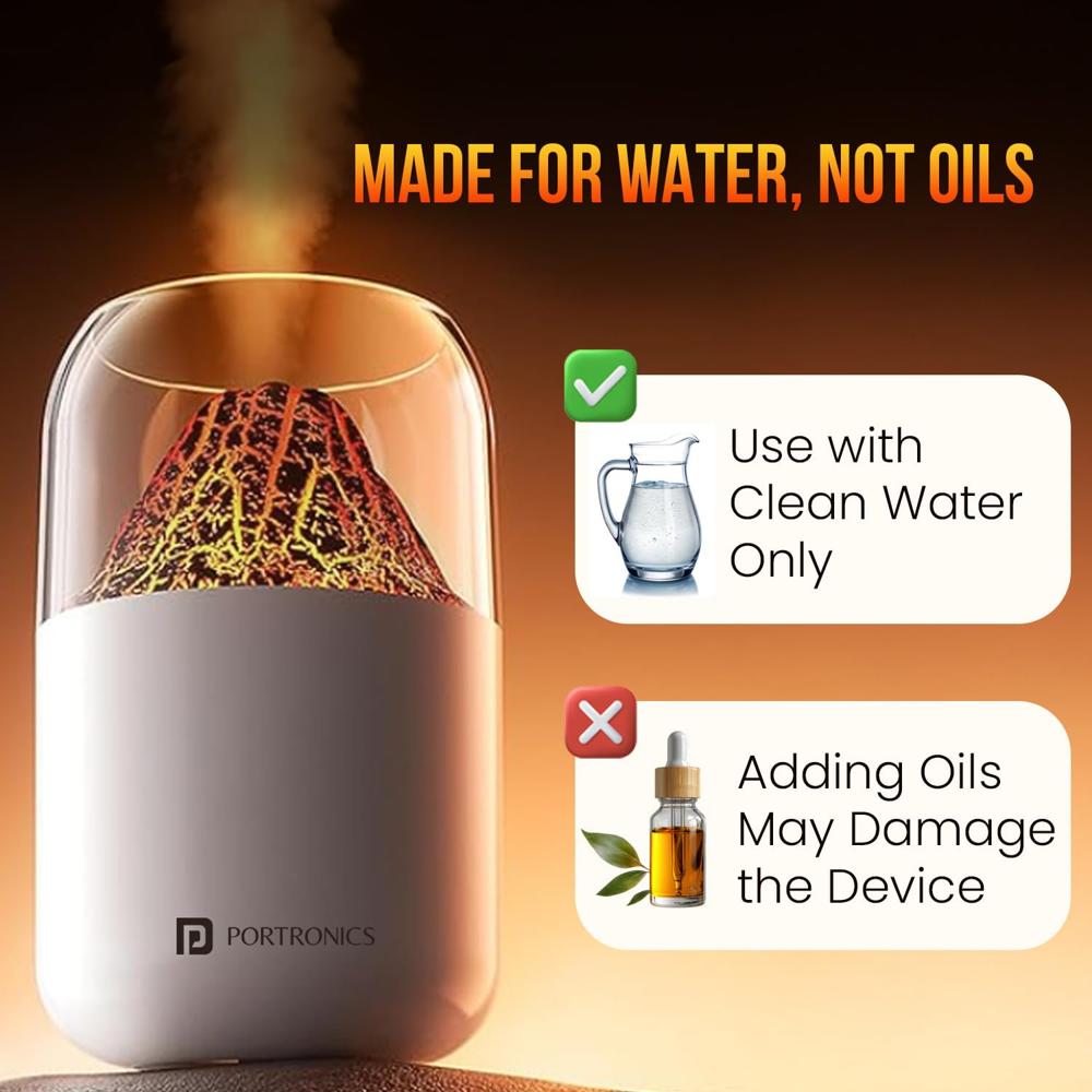 Portronics Magma 2-in-1 Volcano Water Mist Humidifier & Night Lamp, Type-C Powered, Silent