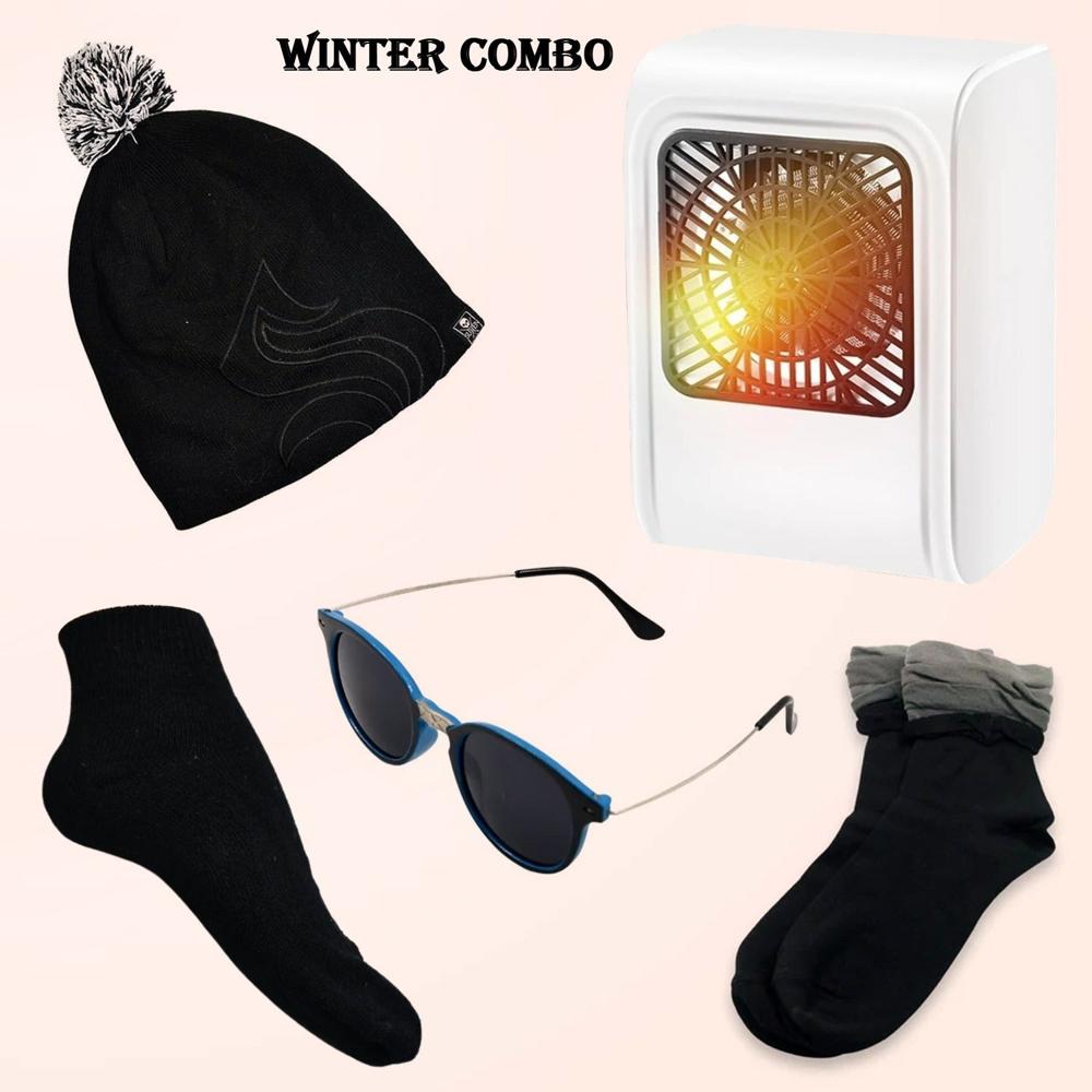 Winter Warm Set Bennie hat, Room Heater, Sunglasses And Socks (5 Pcs Combo)