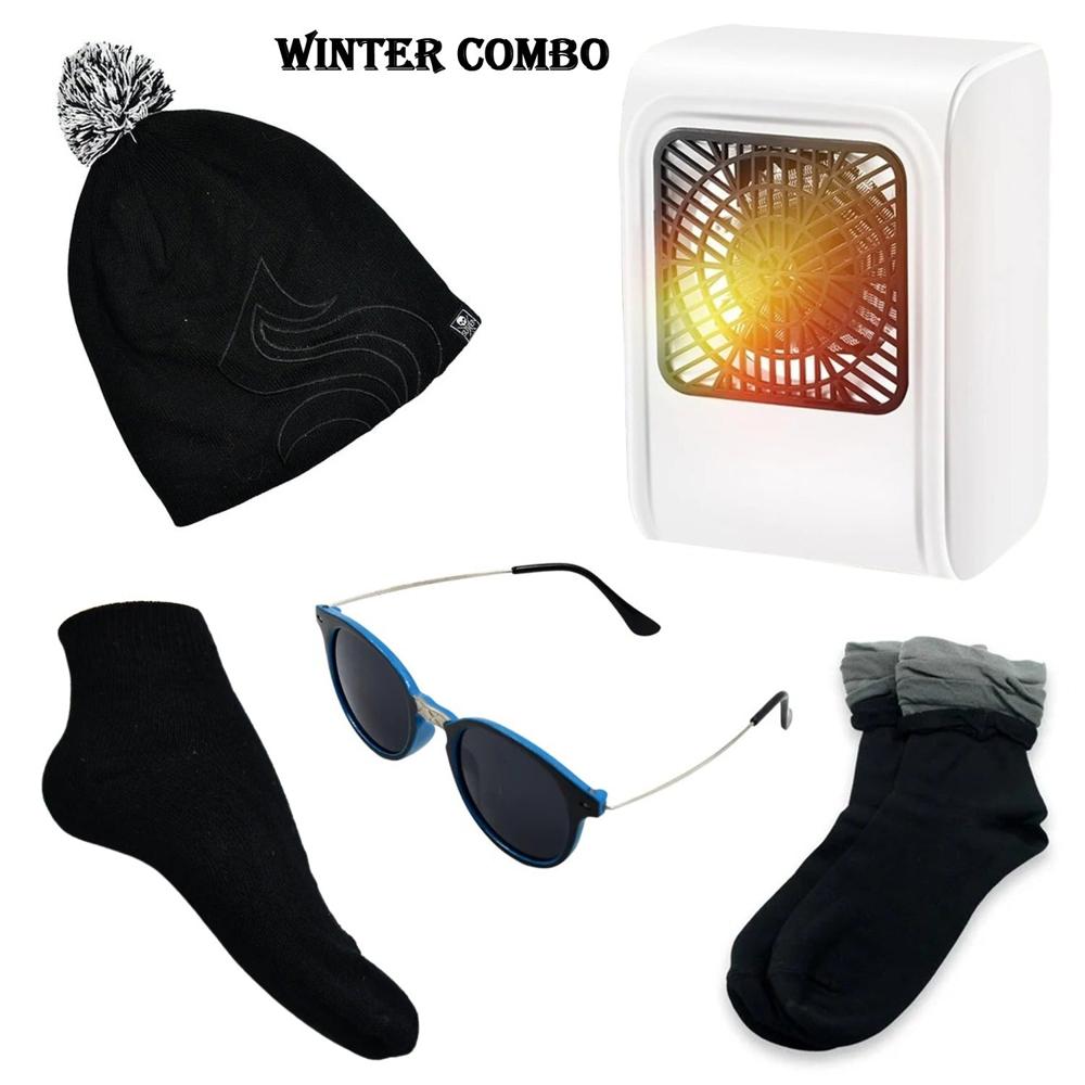 Winter Warm Set Bennie hat, Room Heater, Sunglasses And Socks (5 Pcs Combo)