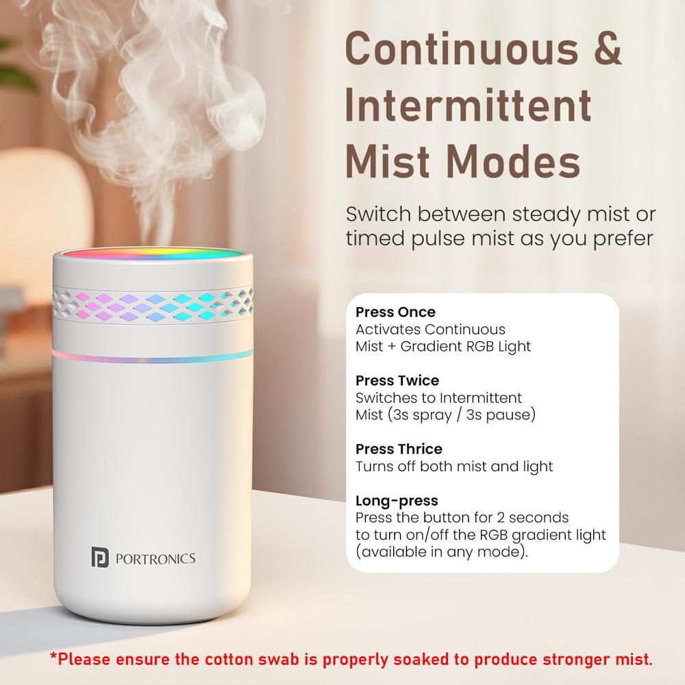 Portronics Magma Lite Type-C Powered Humidifier with RGB Light, 260ml Water Tank, 35ml/h