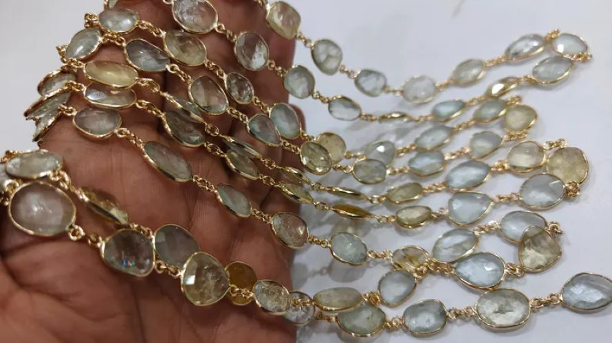 Natural Multi Aquamarine Briolette Connector Chain Free Shape Bezel Chain 12 to 15 mm