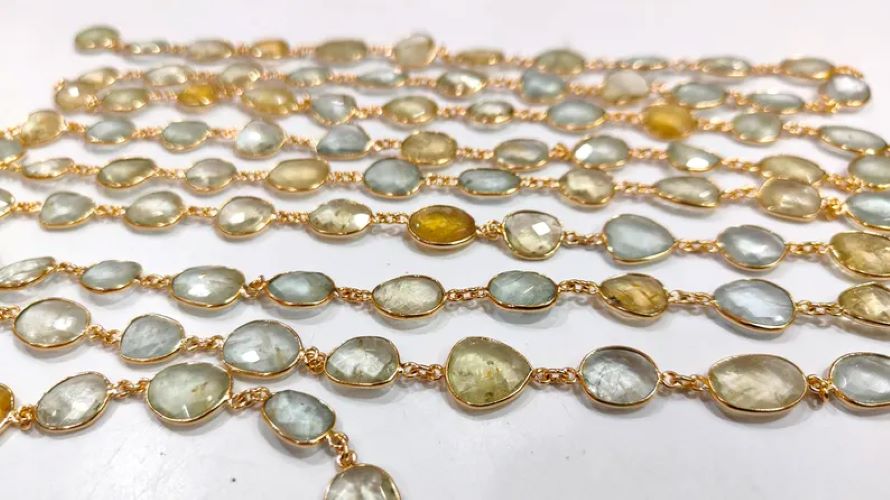 Natural Multi Aquamarine Briolette Connector Chain Free Shape Bezel Chain 12 to 15 mm